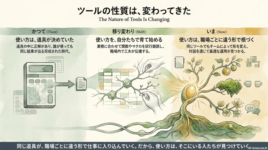 電卓の時代から、Excelで使い方を自分たちで育てる時代を経て、今の多様なツールが職場ごとに違う形で根づく時代へ。ツールの性質変化を3分割で描く水彩画。