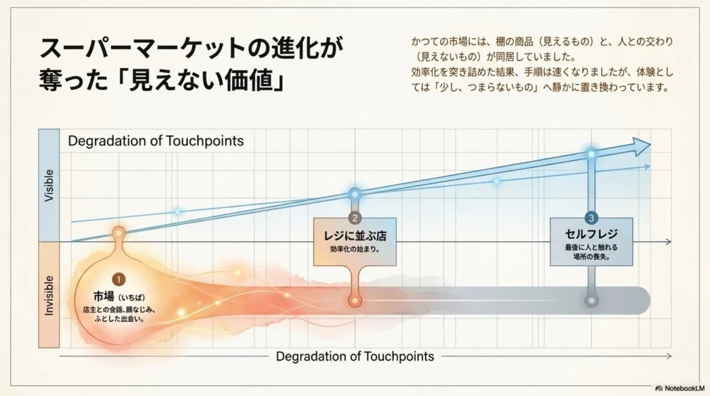スーパーマーケットの変遷——市場、レジに並ぶ店、そしてセルフレジへ