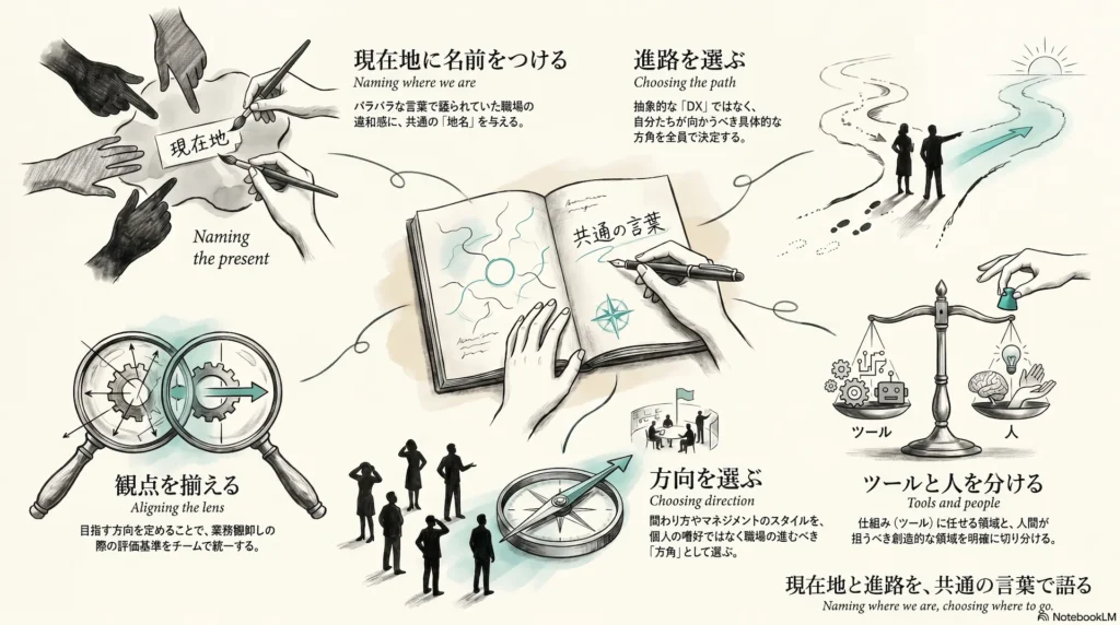 現在地と進路を、共通の言葉で語る ── サワモト メソッドが使える5つの場面を表した概念図