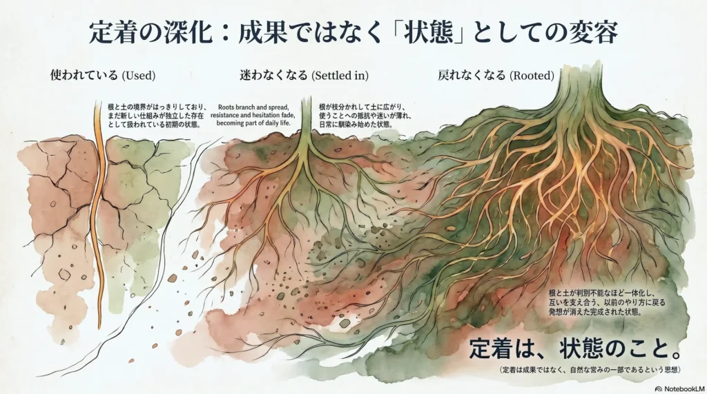 定着 — ツールややり方が根づいて、続いていく状態を表したイメージ