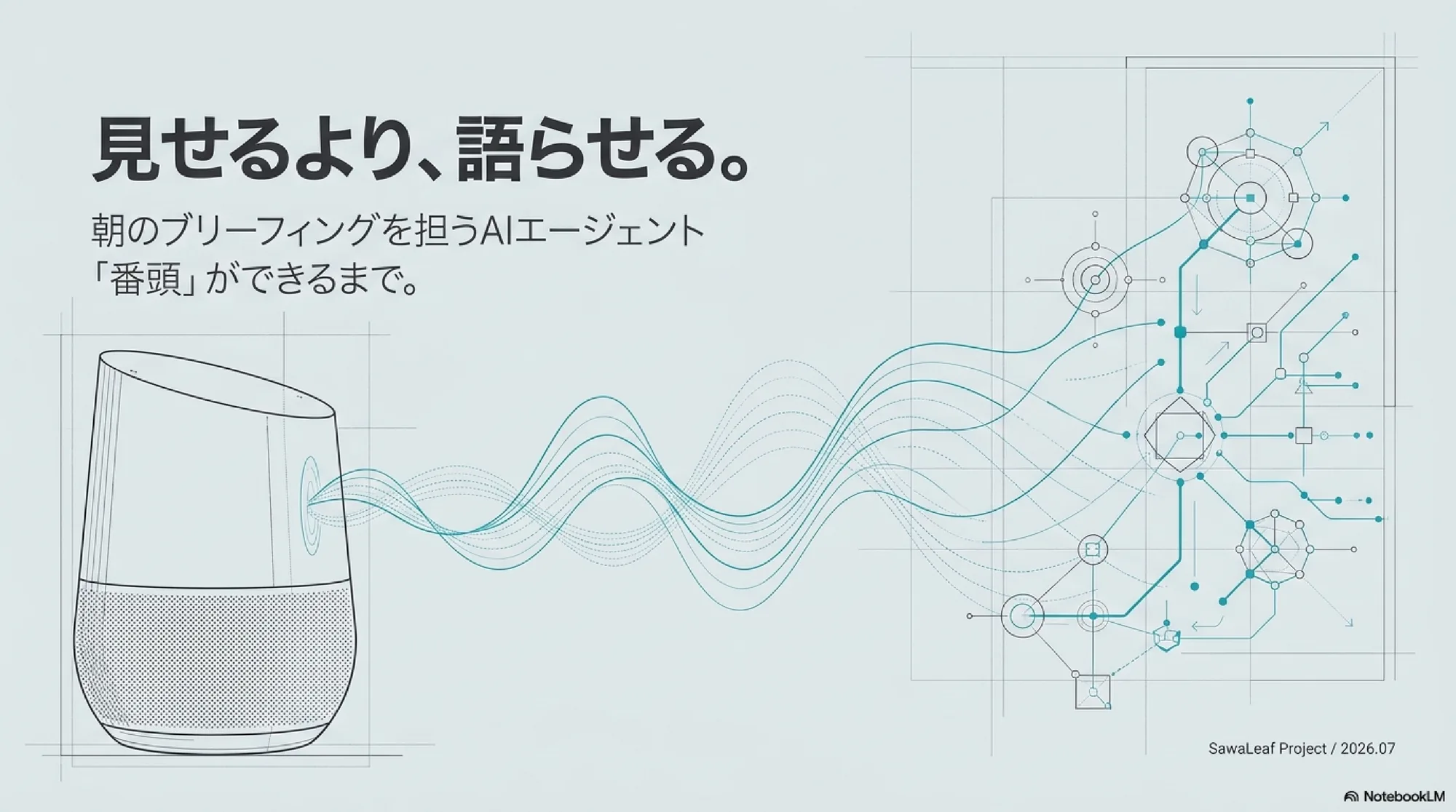 見せるより、語らせる。朝のブリーフィングを担うAIエージェント「番頭」を表した表紙イラスト。Sonosスピーカーと設計図が並ぶ