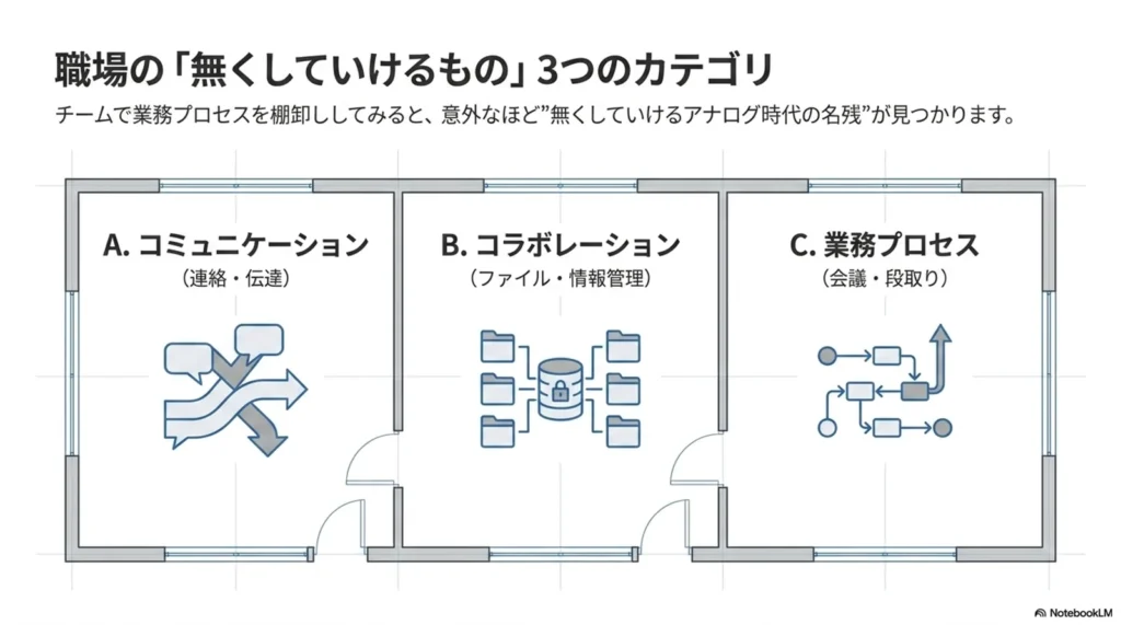 職場から無くしていける3つのカテゴリ - コミュニケーション、コラボレーション、業務プロセス
