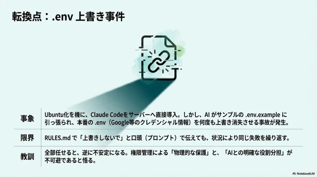 .env上書き事件の事象・限界・教訓：AIに全部任せると逆に不安定になる、権限管理の必要性を悟った転換点