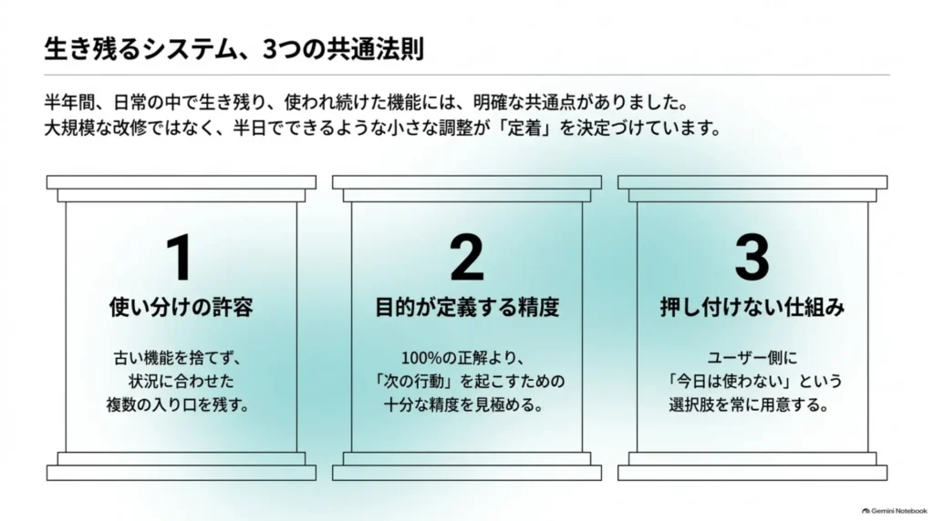 生き残るシステムに共通する3つの法則(使い分けの許容、目的が定義する精度、押し付けない仕組み)